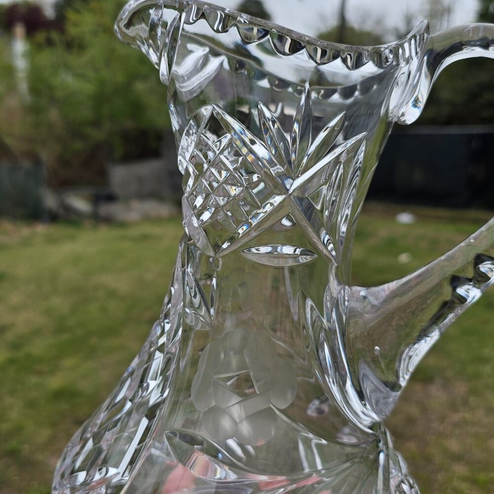 Etched Heavy Cut Crystal Pitcher Decanter Handle Floral Motif - Picture 10 of 14